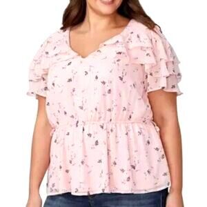 Lane Bryant Pink Ruffled Floral V-Neck Romantic Cottagecore Dainty Blouse 24 3X